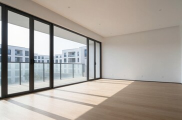 Fototapeta premium Bright and Spacious Modern Interior with Large Windows and Hardwood Flooring for Real Estate Marketing