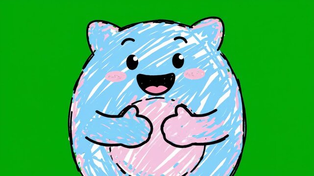 Cute blue hamster character drawing with green screen background.