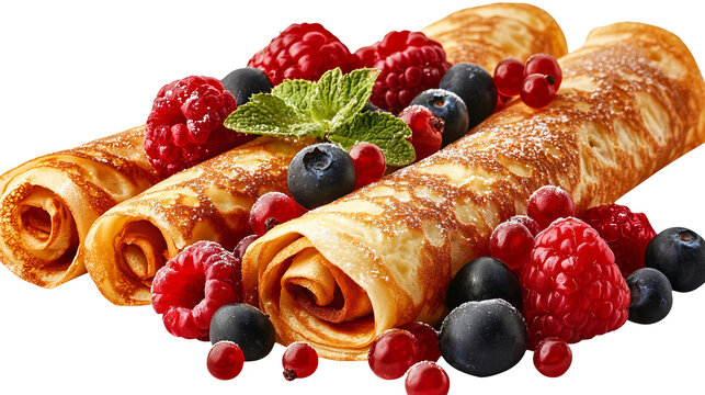 festive crepe rolls with berries, isolated on a transparent background 