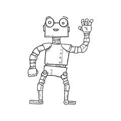 Naklejka premium Friendly robot waving hand, cute cyborg character in doodle style, vector illustration