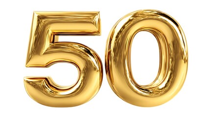 Golden metallic foil balloon number 50, isolated on white background.
