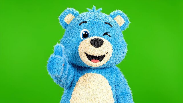 Cute blue teddy bear mascot winks and gives thumbs up.