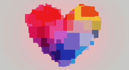 Obraz premium A colorful 3d pixel heart vector illustration featuring a geometric square pattern and digital cube texture on an abstract wallpaper background for a modern web design element