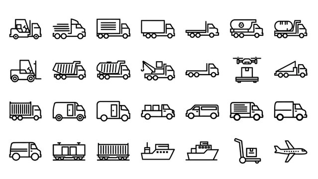 Collection of Various Vehicle Icons Outlined.