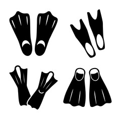 Collection of diverse black silhouette swimming fins and flippers for water sports © Atique0125