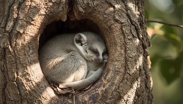 Close up of the gray mouse lemur (Microcebus murinus) sleep during the daylight hours in their hole in Madagascar.
