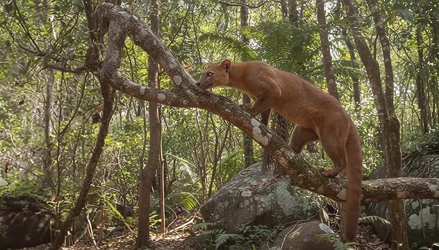 Close up of the fossa (Cryptoprocta ferox) in its natural habitat in Madagascar.
