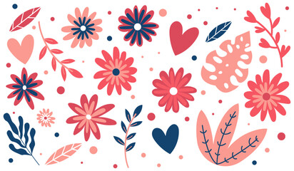 Vector set of colorful floral and heart decorative elements. Modern flat design with flowers, leaves and shapes, ideal for greeting cards, patterns, stationery, posters and social media designs.