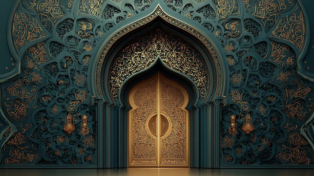 Grand teal and gold archway with ornate golden door, Islamic architectural style