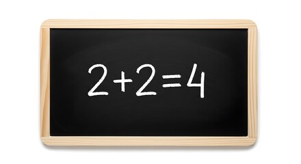 A simple math equation written on a black chalkboard with a wooden frame