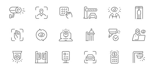 AI security and surveillance line icons set. Facial recognition, biometric access, smart monitoring. Control concept