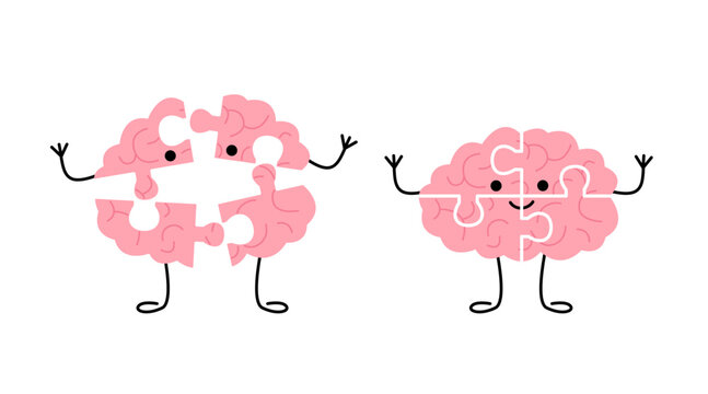 Happy completed brain puzzle and broken brain puzzle cartoon character. Mental health concept for psychology and awareness. Vector illustration