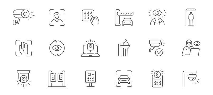 AI security and surveillance line icons set. Facial recognition, biometric access, smart monitoring. Control concept