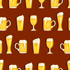 Vector Seamless Pattern of Cartoon Beer Glasses