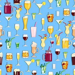 Vector Seamless Pattern of Cartoon Cocktails