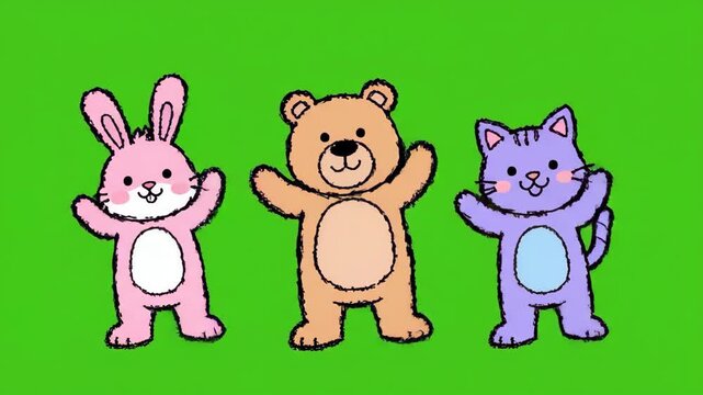 Cute cartoon bunny bear and cat characters waving hands.