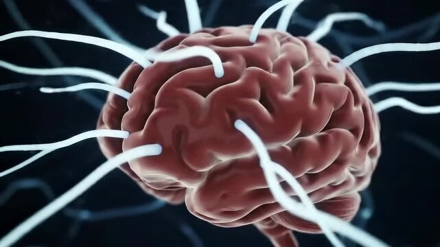 Human brain neuron cells connected with glowing fiber optic cable transmitting digital data signal. Neural network and artificial intelligence concept.