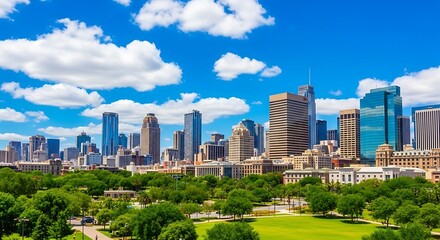Fototapeta premium City skyline with green park and blue sky with white clouds