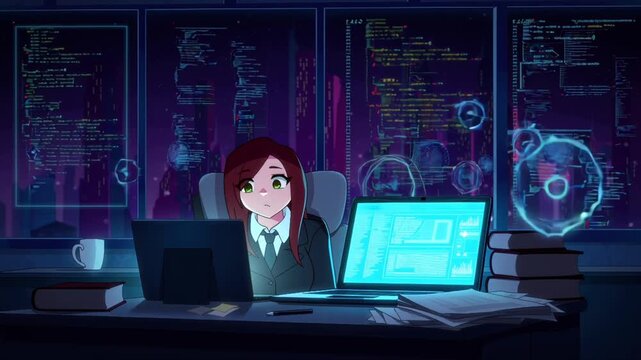 Anime-style female student coding at night, 2D glowing laptop screen, messy desk notes coffee, floating holographic code graphs orbiting window view neon cityscape animated light reflections cinematic