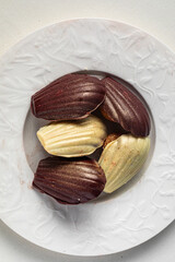 Assorted chocolate madeleine cakes with glossy finish served on white plate in elegant light