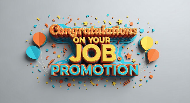 Colorful 3D Paper Cutout Job Promotion Celebration with Balloons Stars and Confetti Illustration