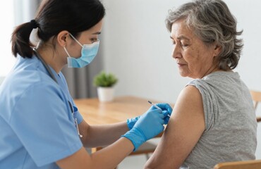 Obraz premium Senior Woman Receiving Vaccination from Nurse in Clinic Setting, Immunization for Healthcare and Protection