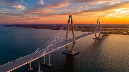 Obraz premium Aerial view of a modern cable-stayed bridge over water at a vibrant sunset.