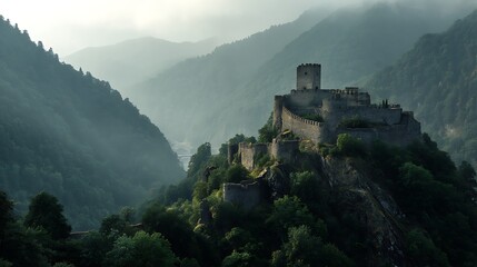 Obraz premium Ancient Stone Castle on Misty Mountain Hilltop Surrounded by Forest