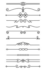 Vintage black line dividers and decorative flourish borders collection on white background for wedding invitations classical book design page ornaments scrolls