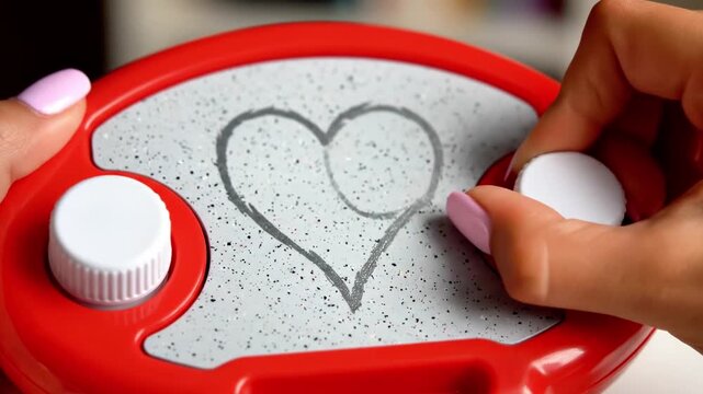 A hand with light pink nails draws a heart on a red, sand-based Etch A Sketch toy