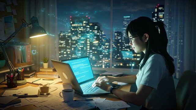 Anime-style female student coding at night, 2D glowing laptop screen, messy desk notes coffee, floating holographic code graphs orbiting window view neon cityscape animated light reflections cinematic
