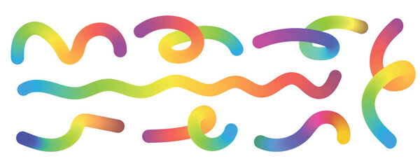 Isolated rainbow gradient squiggle shapes set with 3d effect on white background for playful graphic design elements creative headers banners fun artistic decals