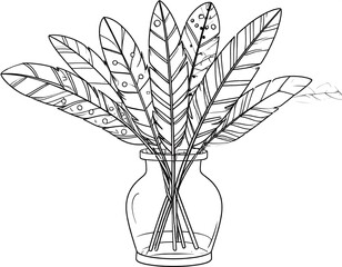 Artistic black and white illustration of feathers arranged in a glass vase, elegant and delicate