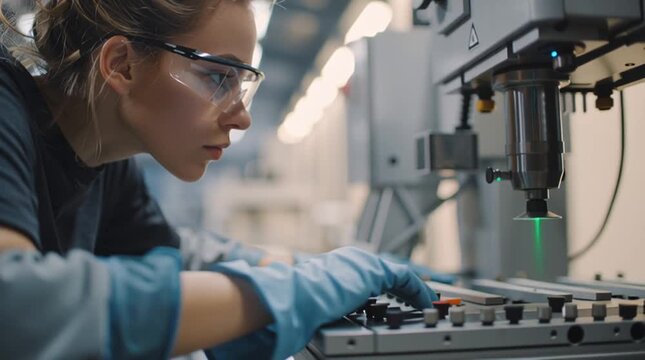 Young adult trainee works on machinery in modern industrial setting during daytime shift
