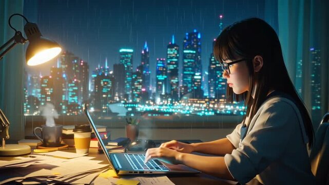 2D anime-style female student coding night messy desk notes, coffee cups glowing laptop screen, window view neon cyberpunk city rain, holographic lights reflecting animations flickering laptop coffee