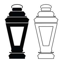 Traditional arabic lantern fanoos with pointed roof in black silhouette and outline line art vector isolated on white background for ramadan eid
