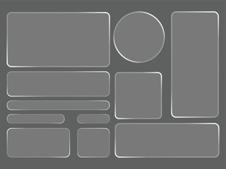 Collection of diverse realistic glass rectangles, squares, and circles with metallic frames, isolated on dark grey background, modern UI elements
