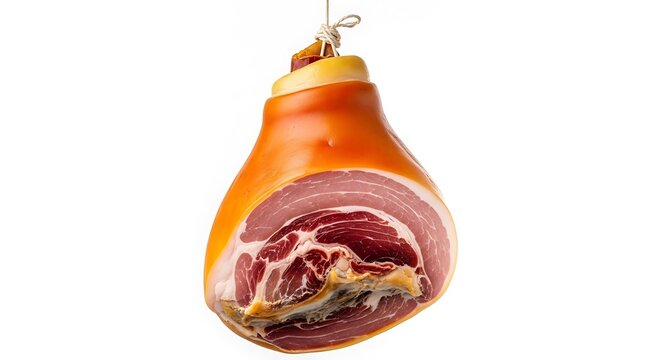 A cured ham hock hangs from a string against a Transparent Background.