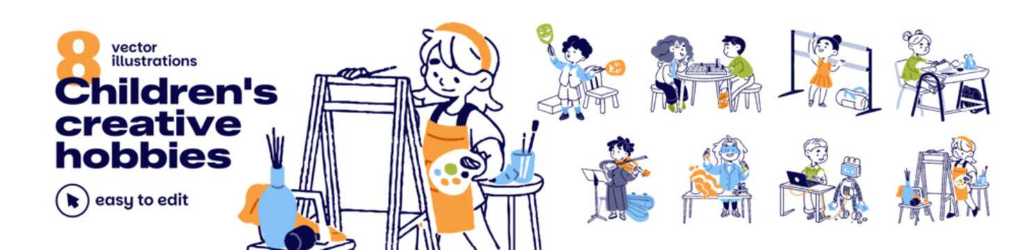 Creative child hobbies set. Children are drawing, dancing, playing chess and music instruments. Kids are interested in art activities, science. Flat isolated outline vector illustrations on white
