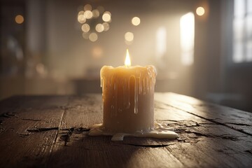 Burning Candle On Wooden Table With Dripping Wax
