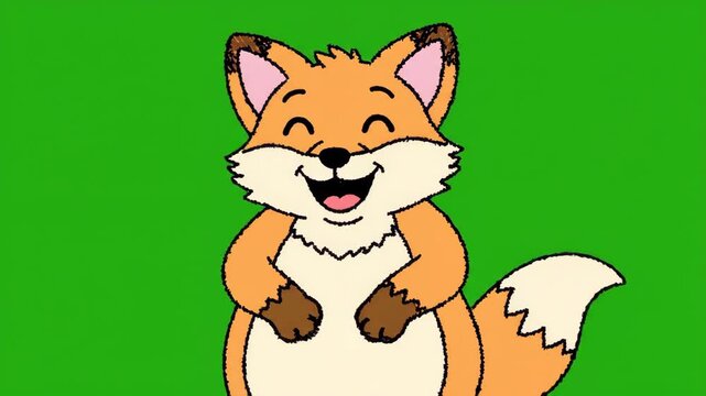 Cute cartoon fox laughing with joy on a green background.