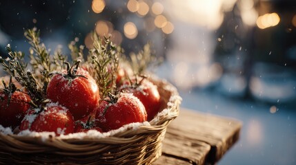 Snowy Tomatoes In Rustic Basket At Wintertime