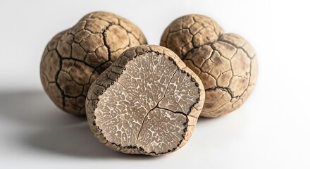 Fototapeta premium A close up view of truffles on a white surface, one cut in half to reveal its interior