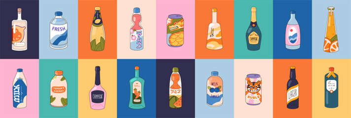 Colourful collage with set of different beverages. Banner design with various drinks in glass and plastic bottles. Sparkling water soda can, alcohol, juice, oil and milk. Flat vector illustration