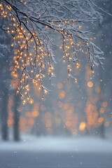Winter Evening Scene With Snowy Branches And Glowing Lights