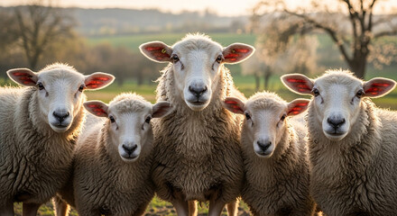 Fototapeta premium A group of sheep standing together in a green field with trees in the background