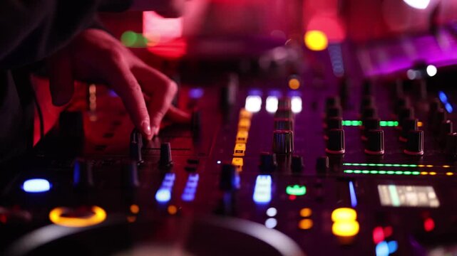 Close-up of a DJ's hands adjusting knobs and sliders on a lit-up mixing console during a live set under vibrant red lighting. Energetic club atmosphere