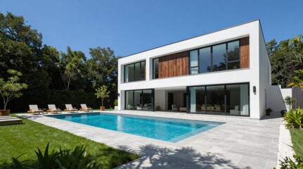 Fototapeta premium Modern Architecture Home Exterior with Swimming Pool, Landscaping, and Contemporary Design on a Sunny Day