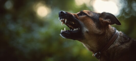 Fototapeta premium The dog snarling fiercely with bared teeth in moody outdoor portrait