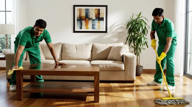 Two men in green uniforms cleaning a living room with a mop and cloth